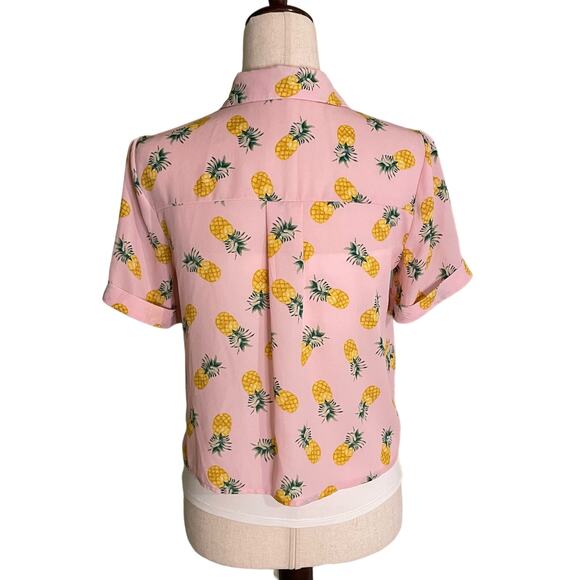 Lily White Pineapple Fruit Crop Tie Front Top / Blouse Short Sleeve Semi Sheeryu - Picture 3 of 7